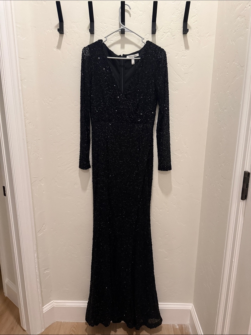 Rachel Gilbert Black Long-Sleeve Sequin Gown with Thigh High Front Slit